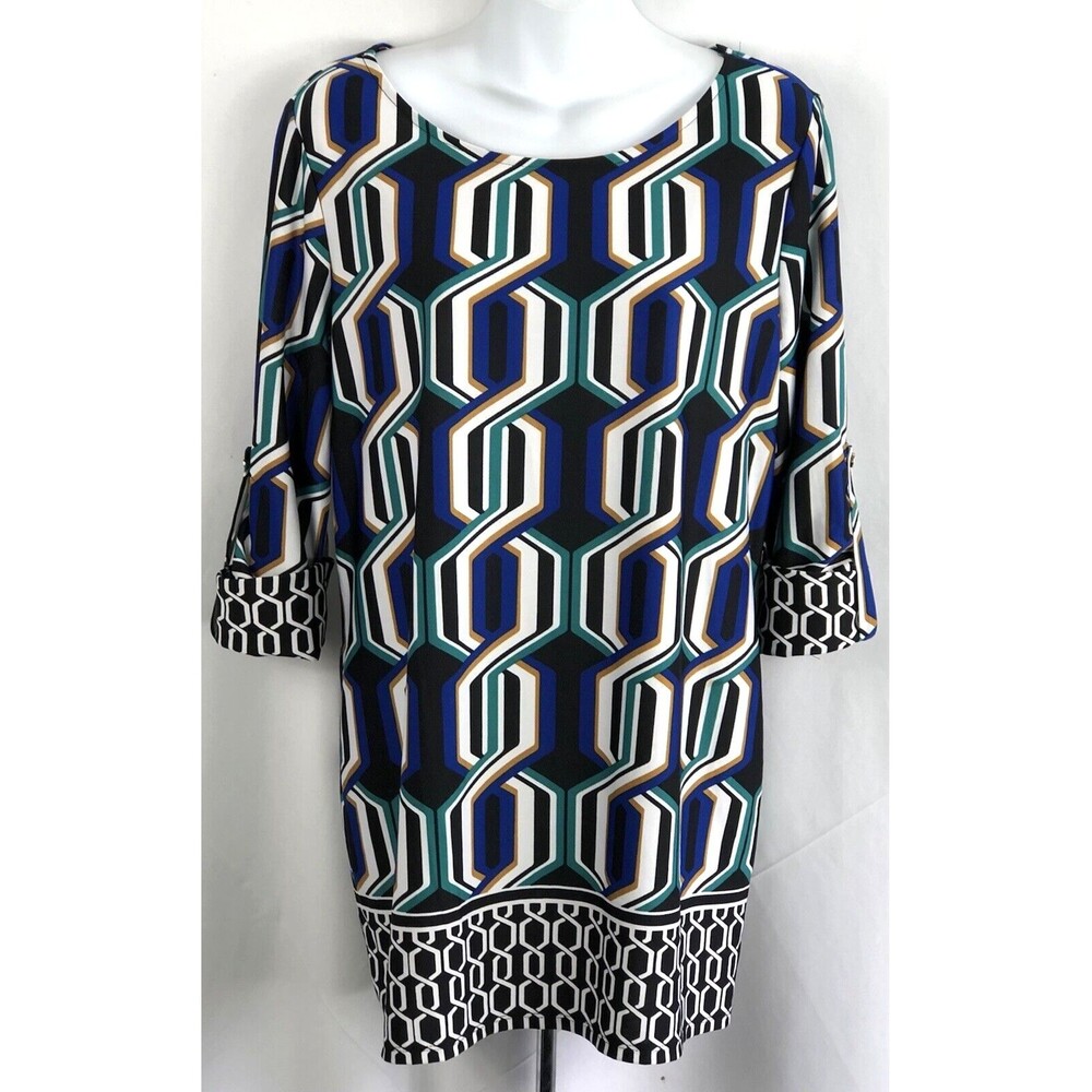 Nwt Retro Mini Dress L Blue/Blk Mod Psychedelic Roll Tab Boat Neck 70s GoGo Boho